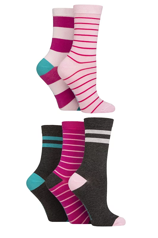 Women's 5 Pair SOCKSHOP Plain, Patterned and Striped Bamboo Socks Stripe Pink 4-8