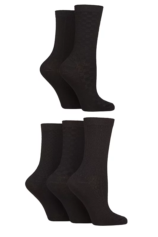 Women's 5 Pair SOCKSHOP Plain, Patterned and Striped Bamboo Socks Texture Black 4-8