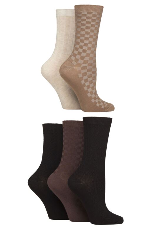 Women's 5 Pair SOCKSHOP Plain, Patterned and Striped Bamboo Socks Texture Cocoa 4-8