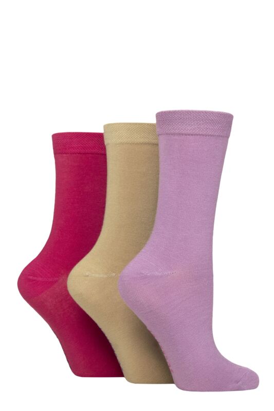 Women's 3 Pair SOCKSHOP Patterned Plain and Striped Bamboo Socks Plain Magenta Muse 4-8