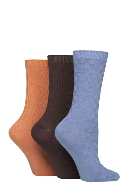 Women's 3 Pair SOCKSHOP Patterned Plain and Striped Bamboo Socks Textured Crisp Winter 4-8