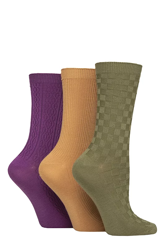 Women's 3 Pair SOCKSHOP Patterned Plain and Striped Bamboo Socks Textured Wild Terrain 4-8