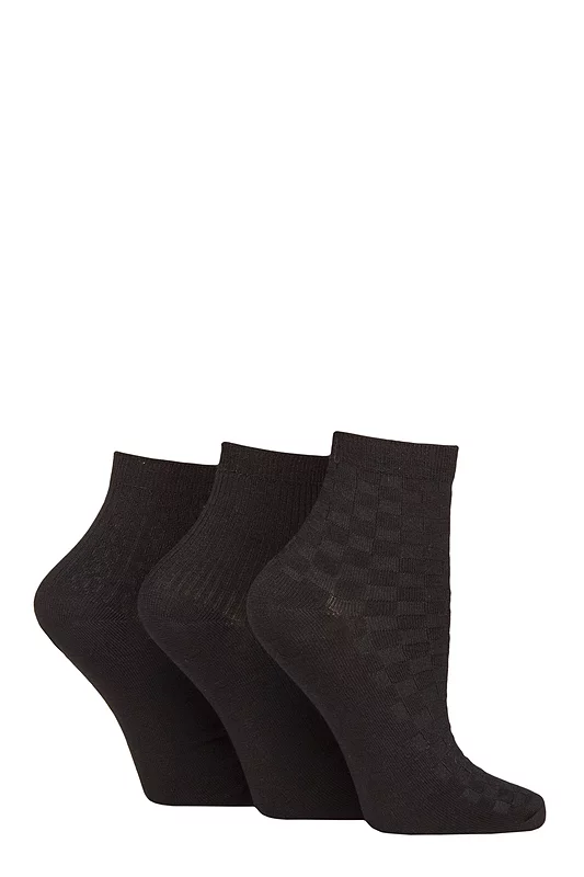 Women's 3 Pair SOCKSHOP Plain and Patterned Bamboo Ankle Socks Textured Black 4-8