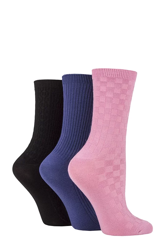 Women's 3 Pair SOCKSHOP Patterned Plain and Striped Bamboo Socks Black / Dark Denim / Dusky Pink Textured 4-8 Ladies
