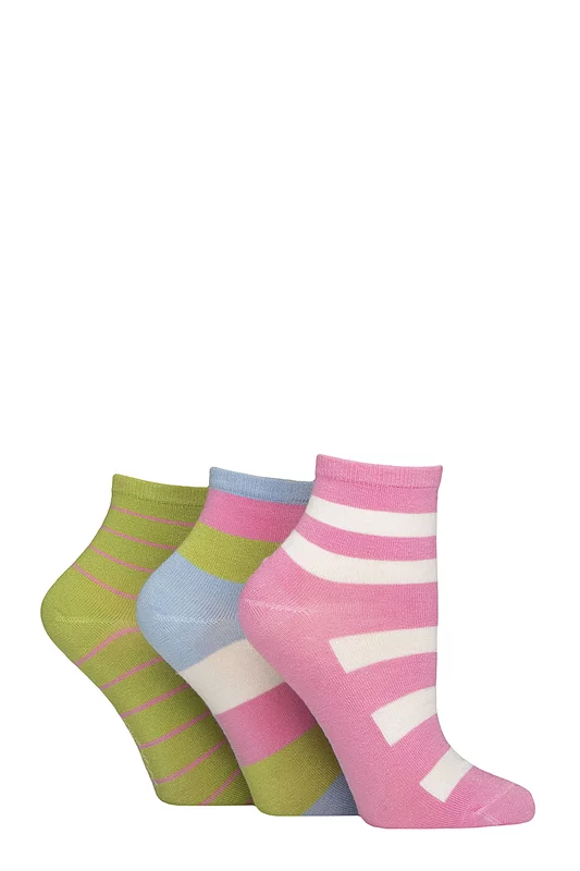 Women's 3 Pair SOCKSHOP Plain and Patterned Bamboo Ankle Socks Striped Ocean View 4-8