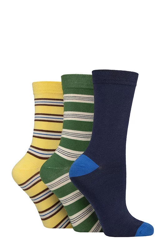 Women's 3 Pair SOCKSHOP Patterned Plain and Striped Bamboo Socks Striped Cobalt Energy 4-8