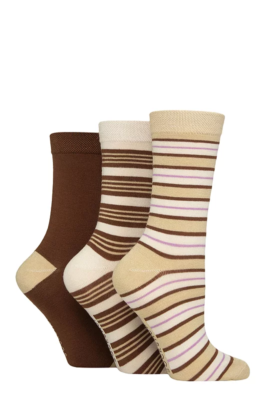 Women's 3 Pair SOCKSHOP Patterned Plain and Striped Bamboo Socks Striped Fresh Coffee 4-8