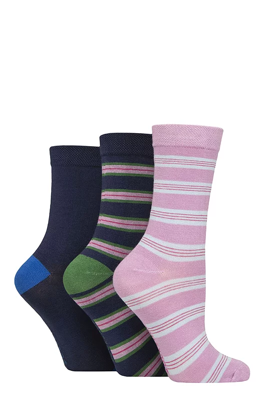 Women's 3 Pair SOCKSHOP Patterned Plain and Striped Bamboo Socks Striped Magenta Muse 4-8
