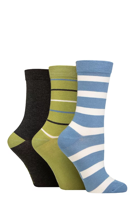 Women's 3 Pair SOCKSHOP Patterned Plain and Striped Bamboo Socks Spanish Moss Stripe 4-8