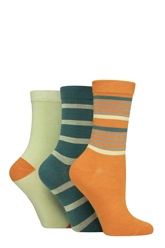 Women's 3 Pair SOCKSHOP Patterned Plain and Striped Bamboo Socks Striped Marmalade 4-8