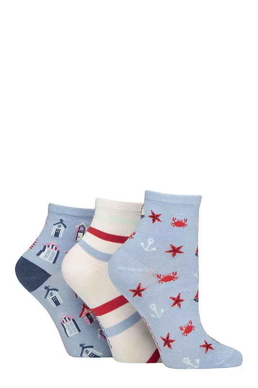Women's 3 Pair SOCKSHOP Plain and Patterned Bamboo Ankle Socks Patterned Nautical 4-8