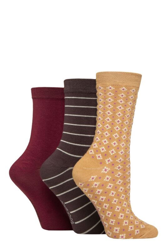 Women's 3 Pair SOCKSHOP Patterned Plain and Striped Bamboo Socks Patterned Burgundy Micro 4-8