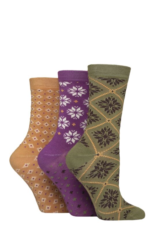 Women's 3 Pair SOCKSHOP Patterned Plain and Striped Bamboo Socks