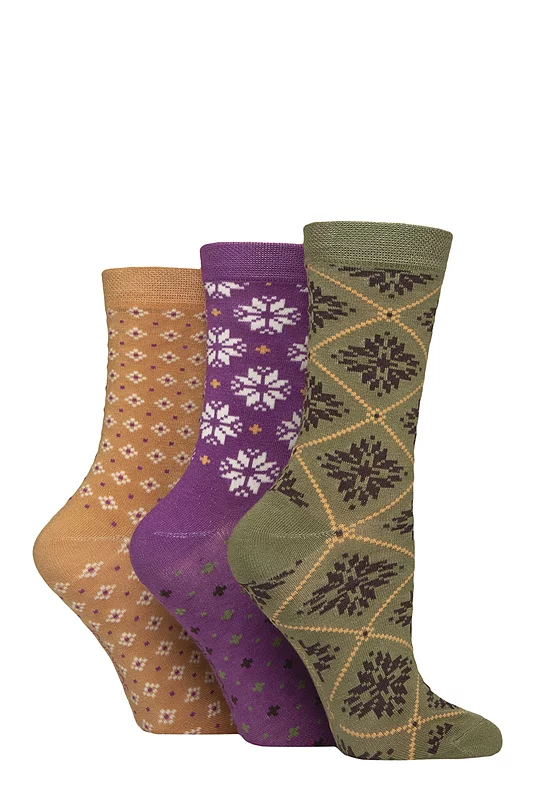 Women's 3 Pair SOCKSHOP Patterned Plain and Striped Bamboo Socks Patterned Wild Terrain 4-8