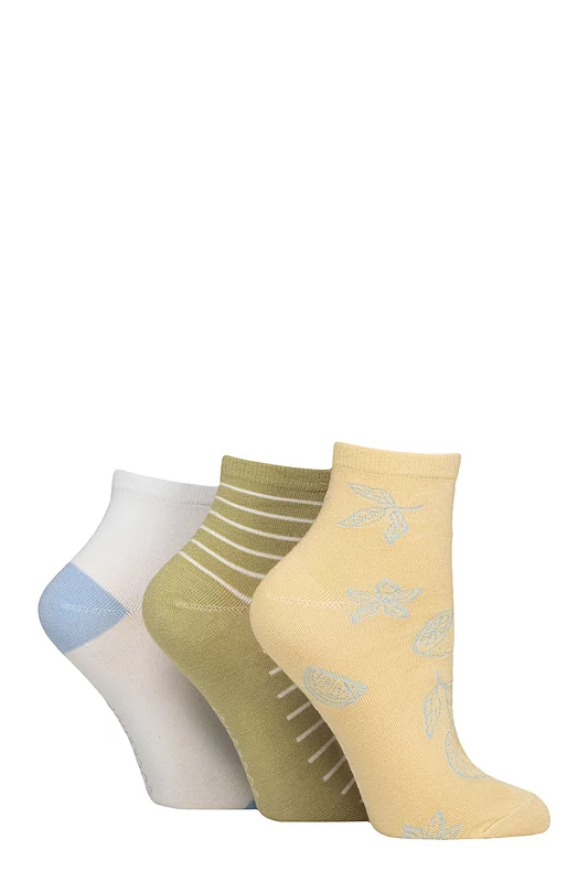 Women's 3 Pair SOCKSHOP Plain and Patterned Bamboo Ankle Socks Patterned Sicilian Lemon 4-8