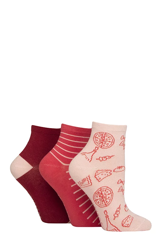 Women's 3 Pair SOCKSHOP Plain and Patterned Bamboo Ankle Socks Patterned Tuscan Rose 4-8