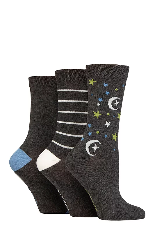 Women's 3 Pair SOCKSHOP Patterned Plain and Striped Bamboo Socks