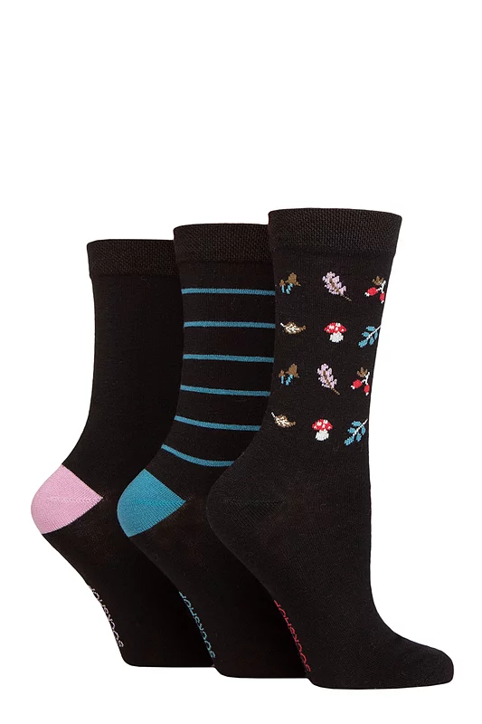 Women's 3 Pair SOCKSHOP Patterned Plain and Striped Bamboo Socks