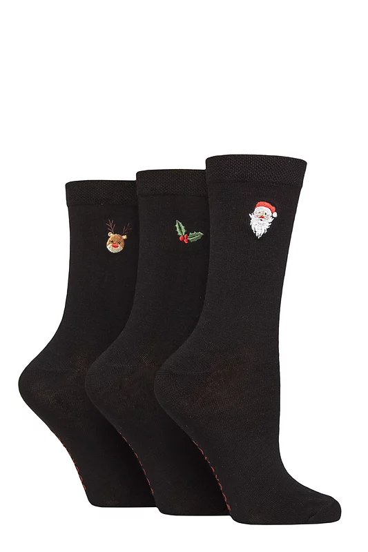 Women's 3 Pair SOCKSHOP Patterned Plain and Striped Bamboo Socks Embroidered Christmas 4-8
