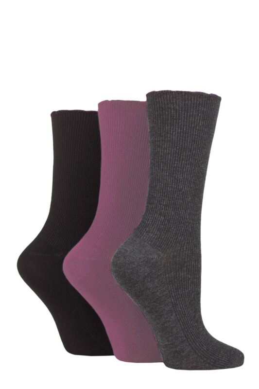 Women's 3 Pair SOCKSHOP Patterned Plain and Striped Bamboo Socks Black / Charcoal / Damson Ribbed 4-8 Ladies