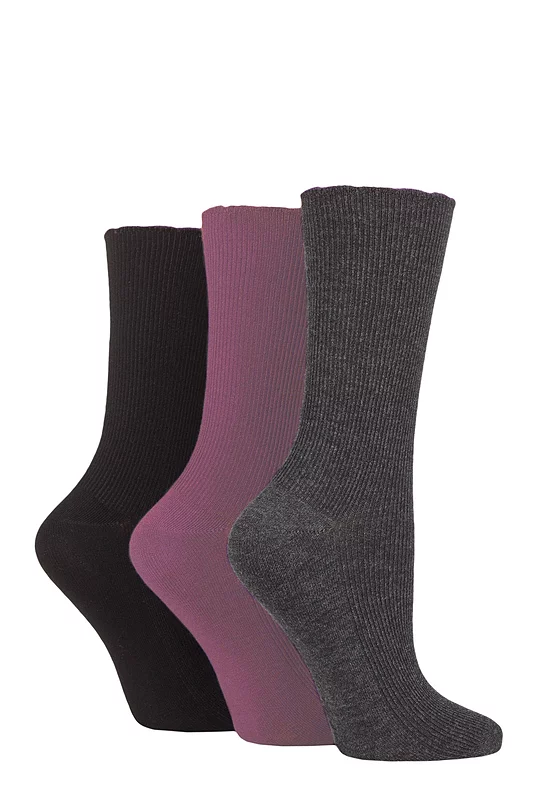Women's 3 Pair SOCKSHOP Patterned Plain and Striped Bamboo Socks Black / Charcoal / Damson Ribbed 4-8 Ladies