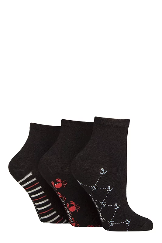 Women's 3 Pair SOCKSHOP Plain and Patterned Bamboo Ankle Socks Patterned Sole Black / Nautical 4-8