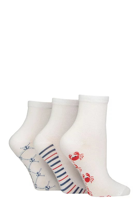 Women's 3 Pair SOCKSHOP Plain and Patterned Bamboo Ankle Socks Patterned Sole White / Nautical 4-8