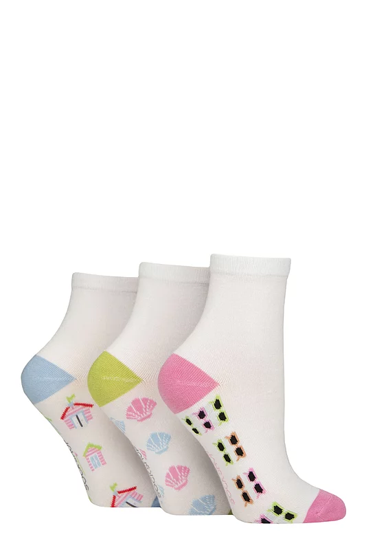 Women's 3 Pair SOCKSHOP Plain and Patterned Bamboo Ankle Socks Patterned Sole White / Ocean View 4-8