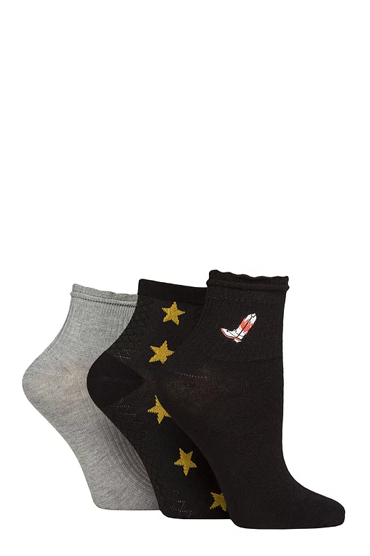Women's 3 Pair SOCKSHOP Frill Welt Ribbed Bamboo Anklet Socks