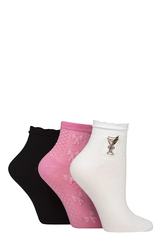 Women's 3 Pair SOCKSHOP Frill Welt Ribbed Bamboo Anklet Socks