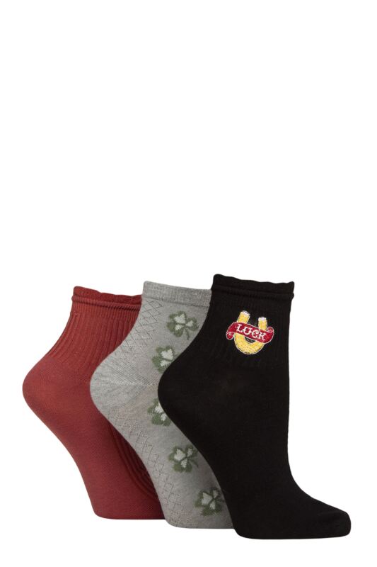 Women's 3 Pair SOCKSHOP Frill Welt Ribbed Bamboo Anklet Socks Lucky 4-8
