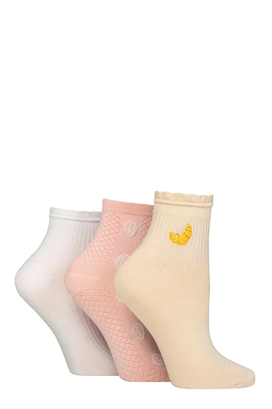 Women's 3 Pair SOCKSHOP Frill Welt Ribbed Bamboo Anklet Socks