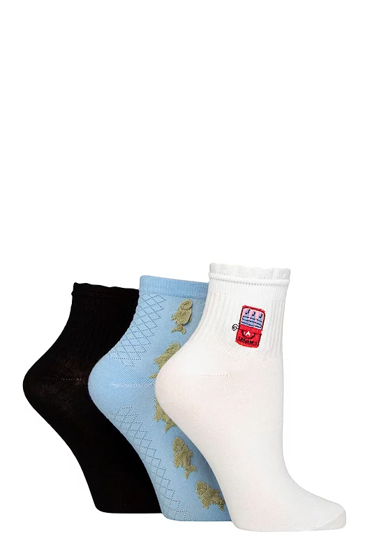 Women's 3 Pair SOCKSHOP Frill Welt Ribbed Bamboo Anklet Socks Sardines 4-8