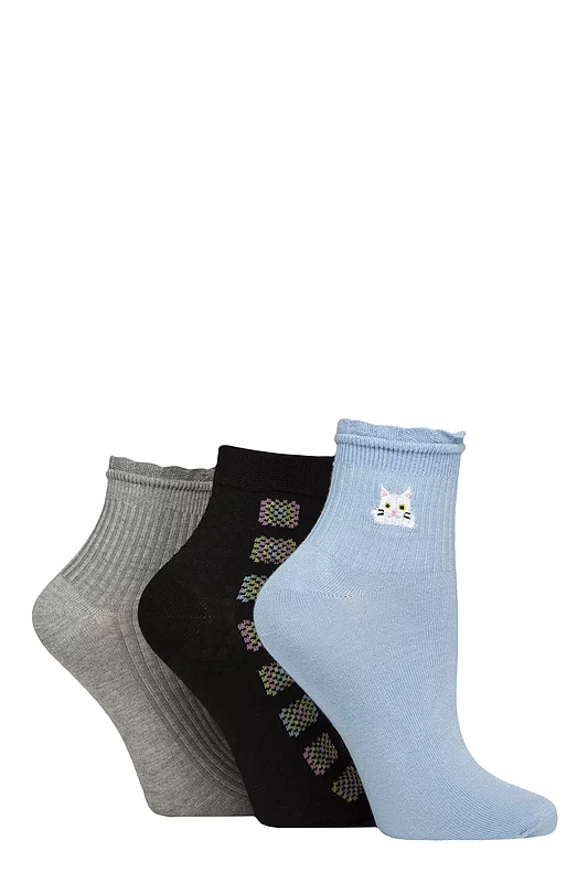 Women's 3 Pair SOCKSHOP Frill Welt Ribbed Bamboo Anklet Socks Cats 4-8