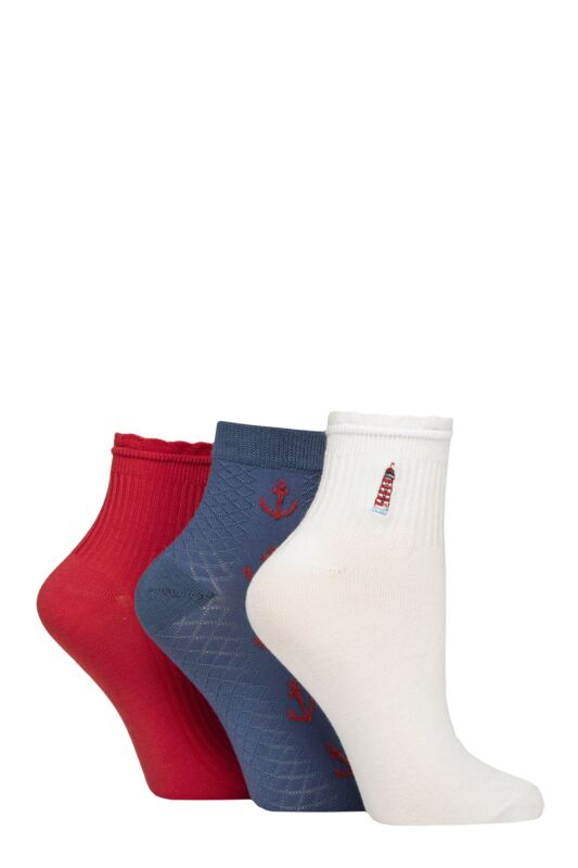 Women's 3 Pair SOCKSHOP Frill Welt Ribbed Bamboo Anklet Socks Nautical 4-8
