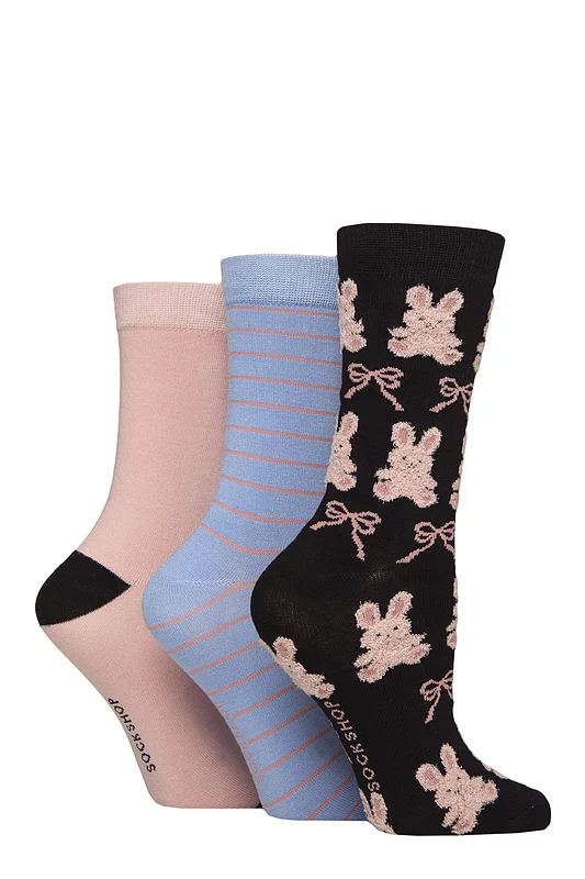 Women's 3 Pair SOCKSHOP Bamboo Feather Socks Bows & Bunnies 4-8