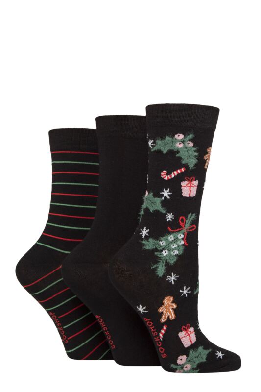 Women's 3 Pair SOCKSHOP Bamboo Feather Socks Christmas 4-8