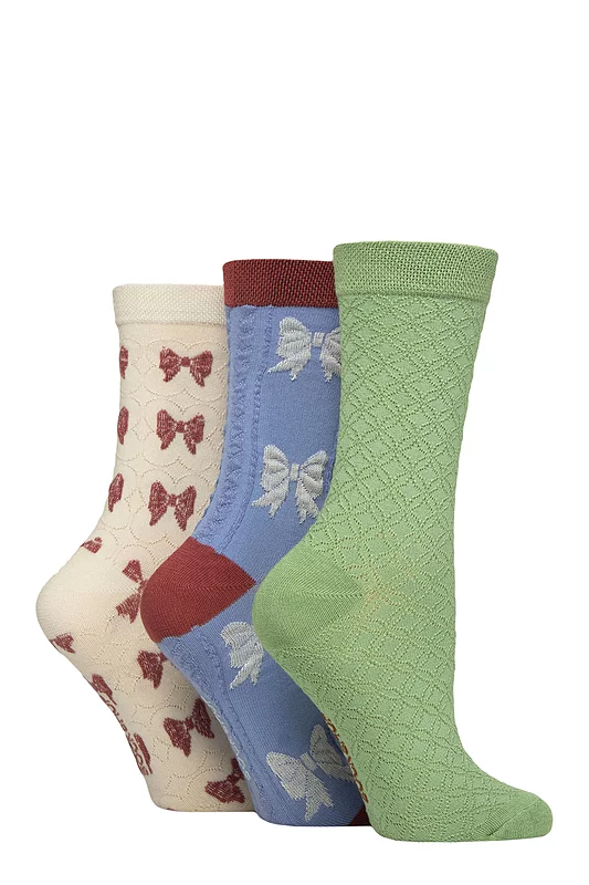 Women's 3 Pair SOCKSHOP Patterned Pelerine Bamboo Socks Double Bow 4-8