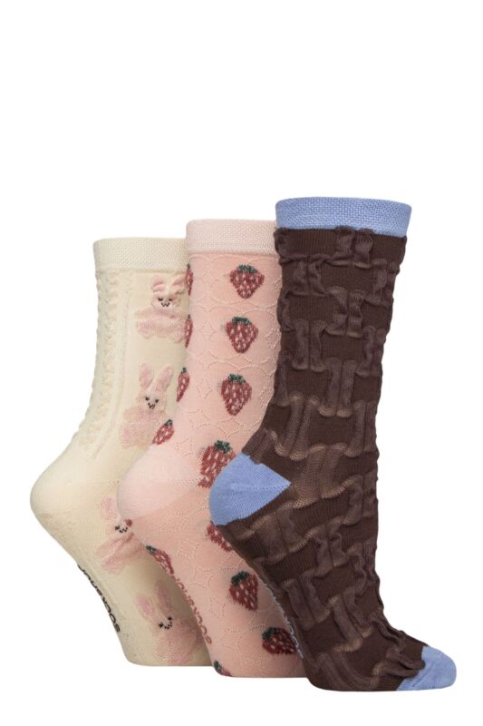 Women's 3 Pair SOCKSHOP Patterned Pelerine Bamboo Socks Strawberry Bunny 4-8