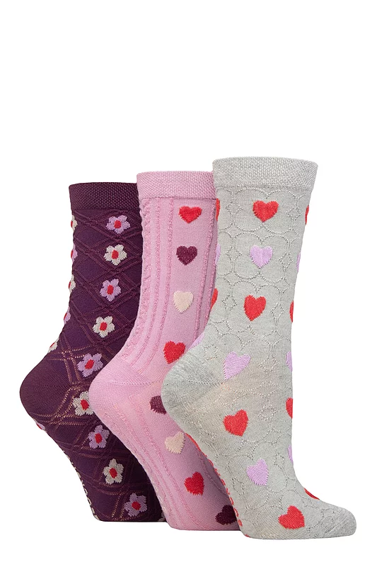 Women's 3 Pair SOCKSHOP Patterned Pelerine Bamboo Socks Hearts 4-8