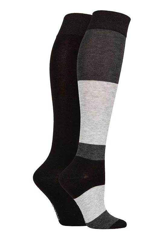 Women's 2 Pair SOCKSHOP Plain and Patterned Bamboo Knee High Socks with Smooth Toe Seams