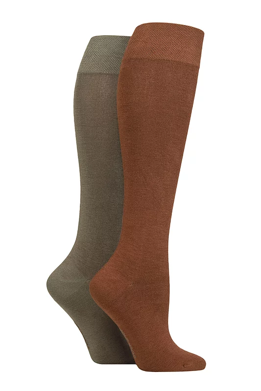 Women's 2 Pair SOCKSHOP Plain and Patterned Bamboo Knee High Socks with Smooth Toe Seams