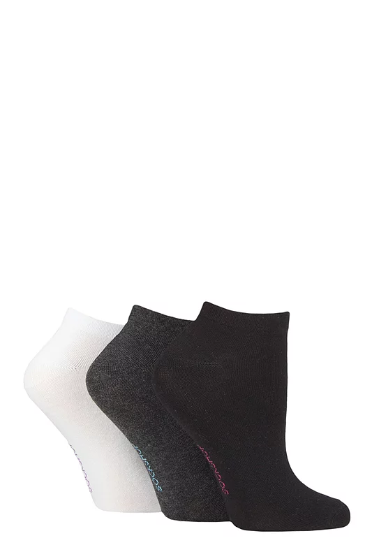 Women's 3 Pair SOCKSHOP Patterned, Striped, Plain, Ribbed and Mesh Bamboo Trainer Socks Black / White / Grey Plain 4-8