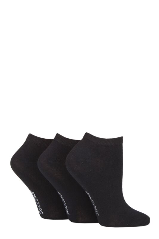 Women's 3 Pair SOCKSHOP Patterned, Striped, Plain, Ribbed and Mesh Bamboo Trainer Socks Black Plain 4-8