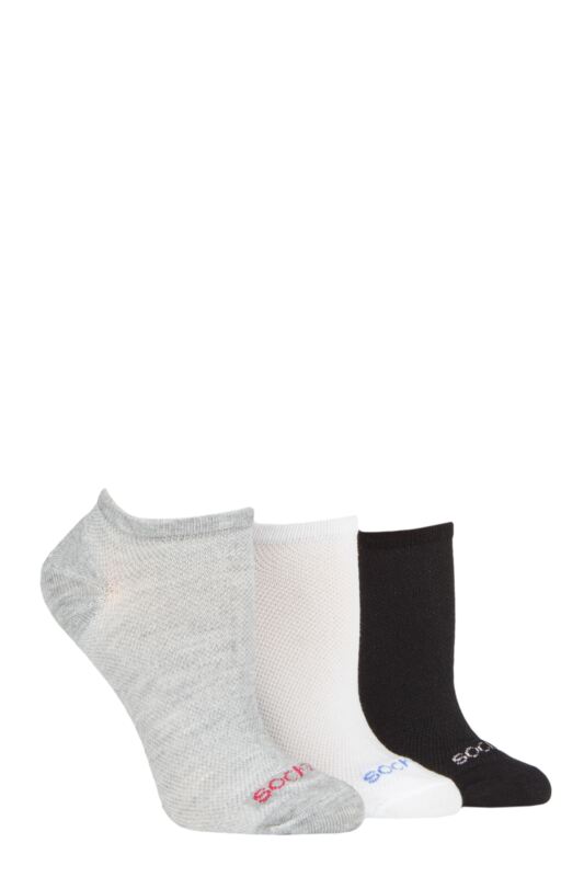 Women's 3 Pair SOCKSHOP Patterned, Striped, Plain, Ribbed and Mesh Bamboo Trainer Socks Black / White / Grey Mesh 4-8