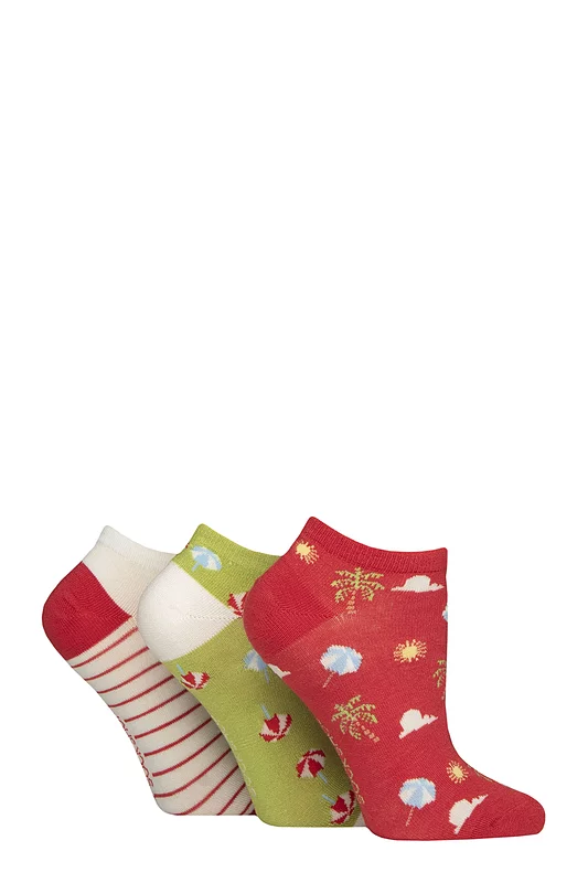 Women's 3 Pair SOCKSHOP Patterned, Striped, Plain, Ribbed and Mesh Bamboo Trainer Socks Holiday Patterned 4-8
