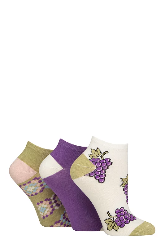 Women's 3 Pair SOCKSHOP Patterned, Striped, Plain, Ribbed and Mesh Bamboo Trainer Socks Grape Vine Patterned 4-8