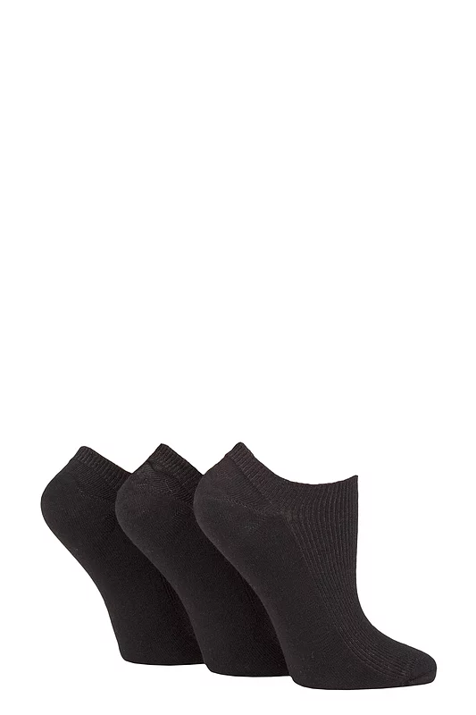 Women's 3 Pair SOCKSHOP Patterned, Striped, Plain, Ribbed and Mesh Bamboo Trainer Socks Black Ribbed 4-8 Ladies