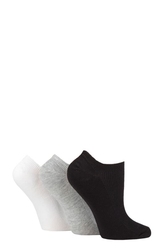 Women's 3 Pair SOCKSHOP Patterned, Striped, Plain, Ribbed and Mesh Bamboo Trainer Socks Black / White / Grey Ribbed 4-8 Ladies