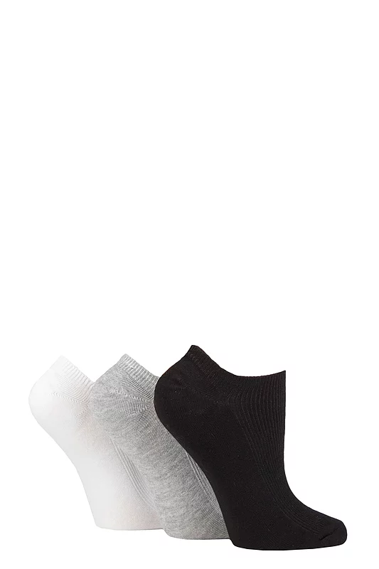 Women's 3 Pair SOCKSHOP Patterned, Striped, Plain, Ribbed and Mesh Bamboo Trainer Socks Black / White / Grey Ribbed 4-8 Ladies